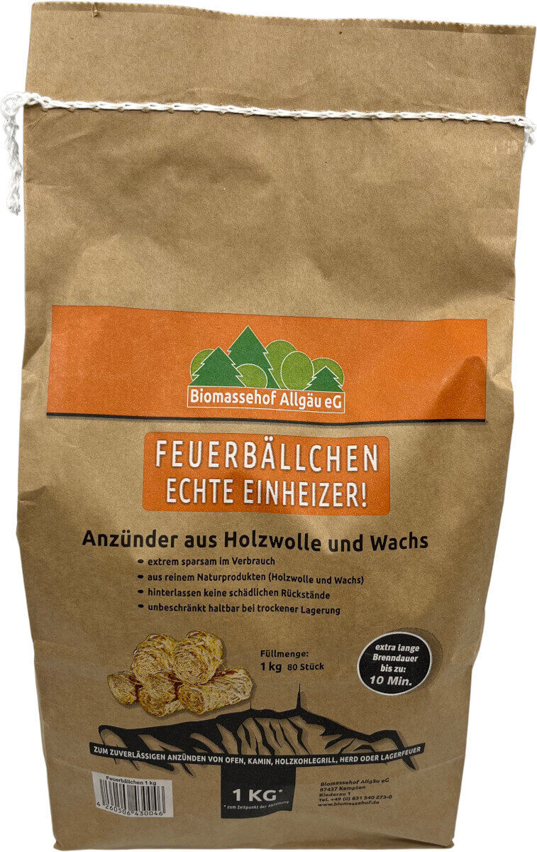 1x 1kg Allgäuwälder Feuerbällchen - Echte Einheizer - ca. 80 Anzünder von Biomassehof Allgäu
