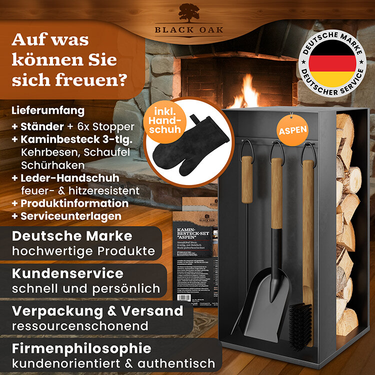 BLACK OAK Kaminbesteck Aspen 4-teilig schwarz mit Holzgriffen inkl. Lederhandschuh von BLACK OAK
