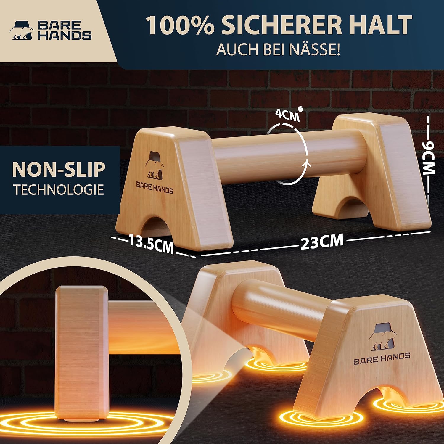 BARE HANDS 2x Liegestützgriffe Größe S aus hellem Holz gelenksschonend rutschfest für Calisthenics Indoor und Outdoor ideal für Liegestütze und Handstand von BARE HANDS