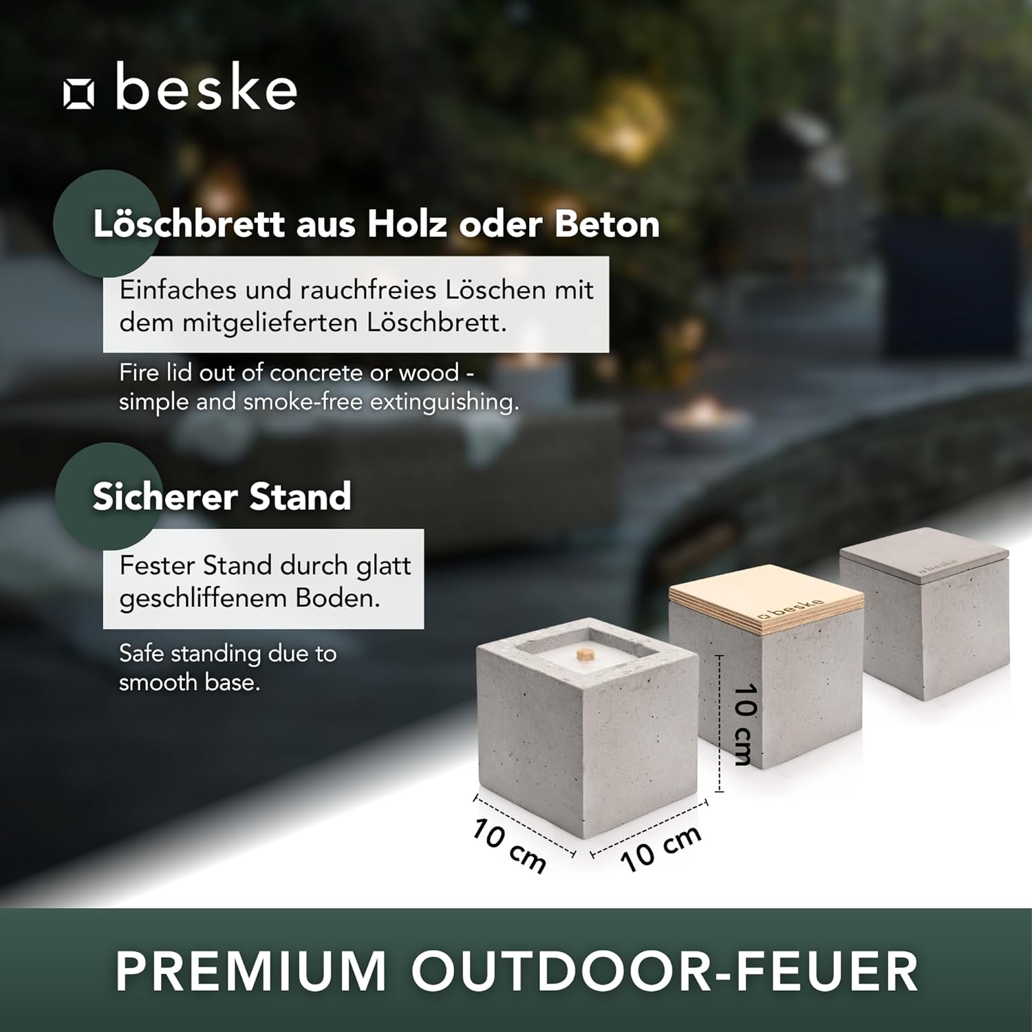 BESKE Betonfeuer Pico Outdoor 10x10x10 inkl. Löschbrett - 100% HANDARBEIT Made in Germany von