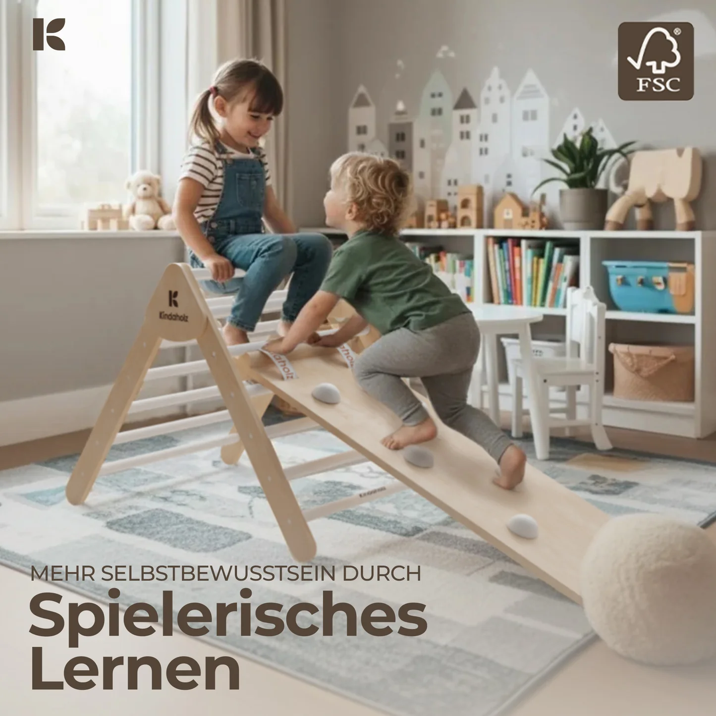 Kindaholz SAMI Kletterdreieck mit NOAH Rutschrampe Weiß Indoor Kletterset aus FSC Holz von Kindaholz