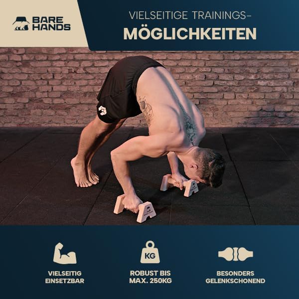 BARE HANDS 2x Liegestützgriffe Größe S aus hellem Holz gelenksschonend rutschfest für Calisthenics Indoor und Outdoor ideal für Liegestütze und Handstand von BARE HANDS