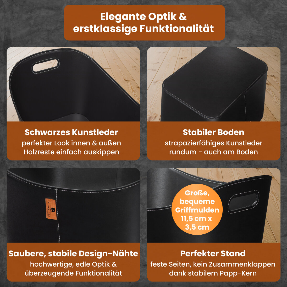 BLACK OAK DAKOTA XL 80L Holzkorb Kunstleder schwarz + Handschuhe grau von BLACK OAK