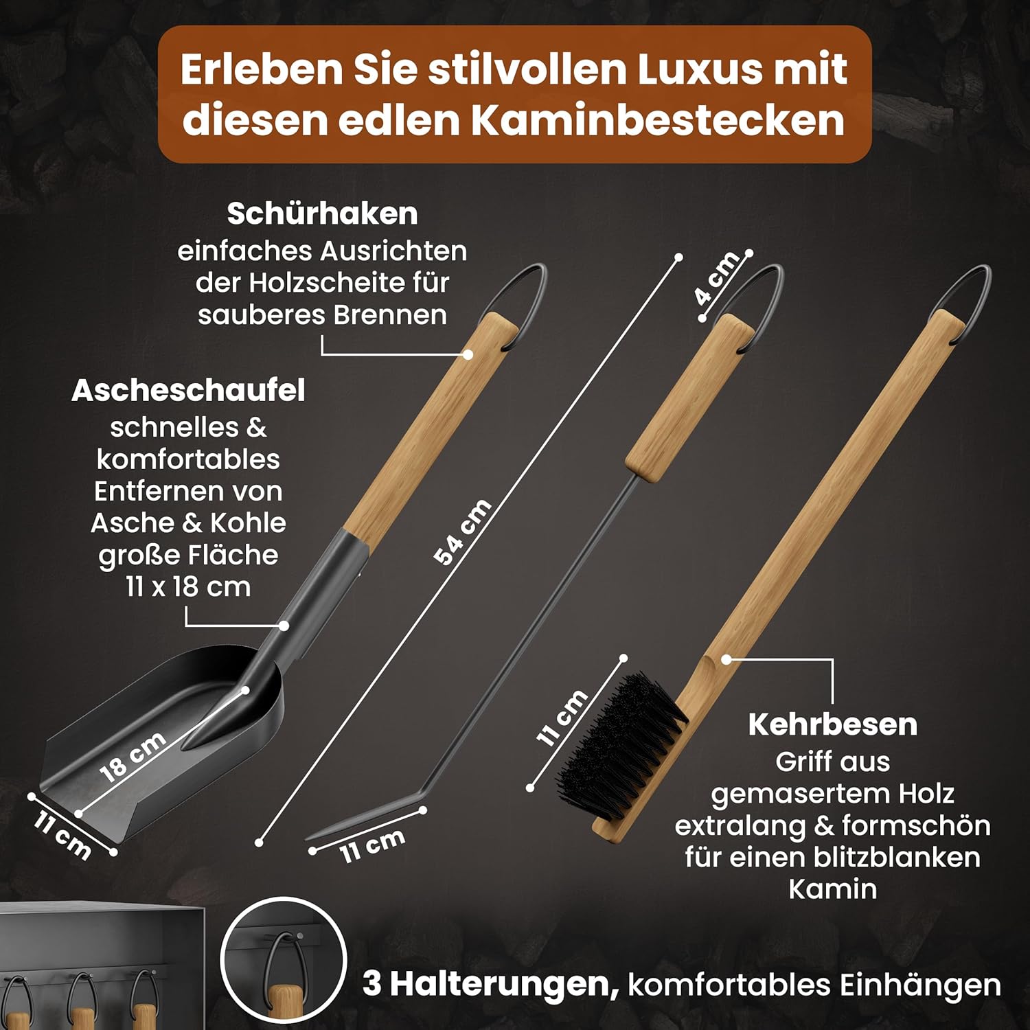 BLACK OAK Kaminbesteck Aspen 4-teilig schwarz mit Holzgriffen von BLACK OAK