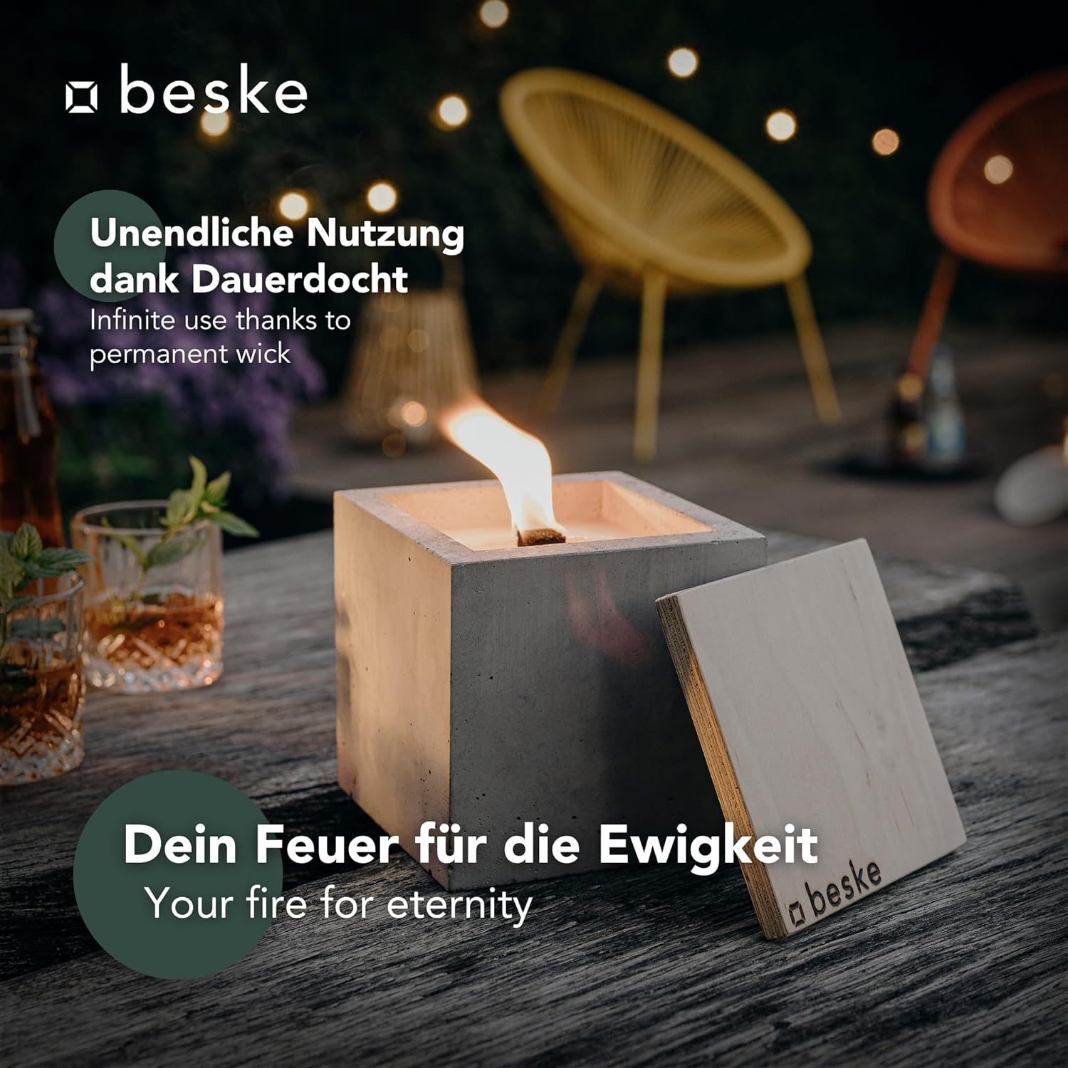BESKE Betonfeuer Pico Outdoor 10x10x10 inkl. Löschbrett - 100% HANDARBEIT Made in Germany von
