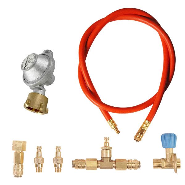 OVICUE Grill XL Set mit Anschlussset | Mobiler Gas und Holzkohlegrill aus Edelstahl inklusive Adapterschlauch für große Gasflaschen 330 × 410 × 205 mm von Ovibell
