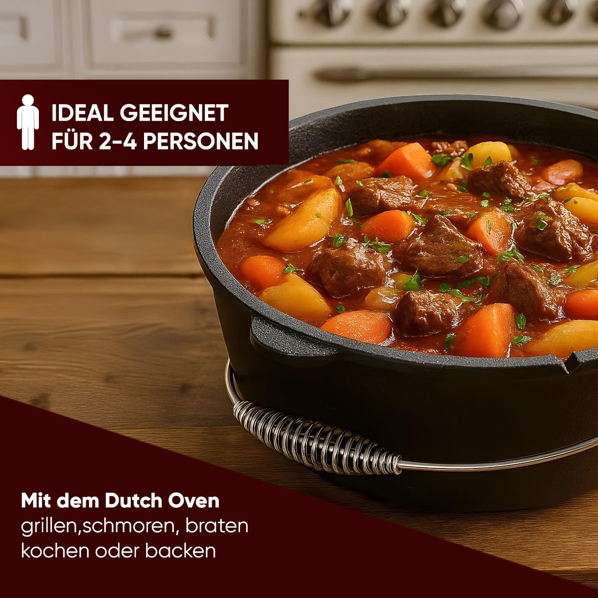GUSSKÖNIG 4,5 Liter Dutch Oven Set ohne Füße | Eingebrannter Feuertopf | 2in1 Deckelheber | Bürste von GUSSKÖNIG