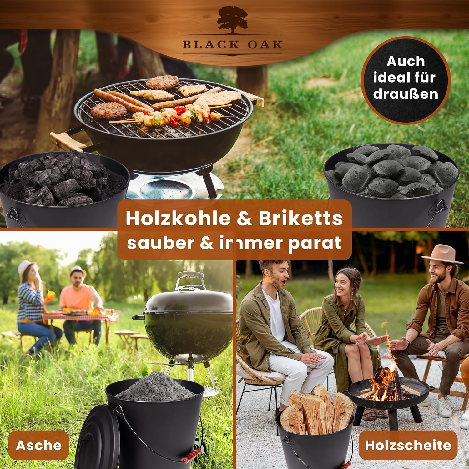 BLACK OAK Asche & Kohle Eimer SANTORINI 25 Liter mit Schaufel & Handfeger von BLACK OAK