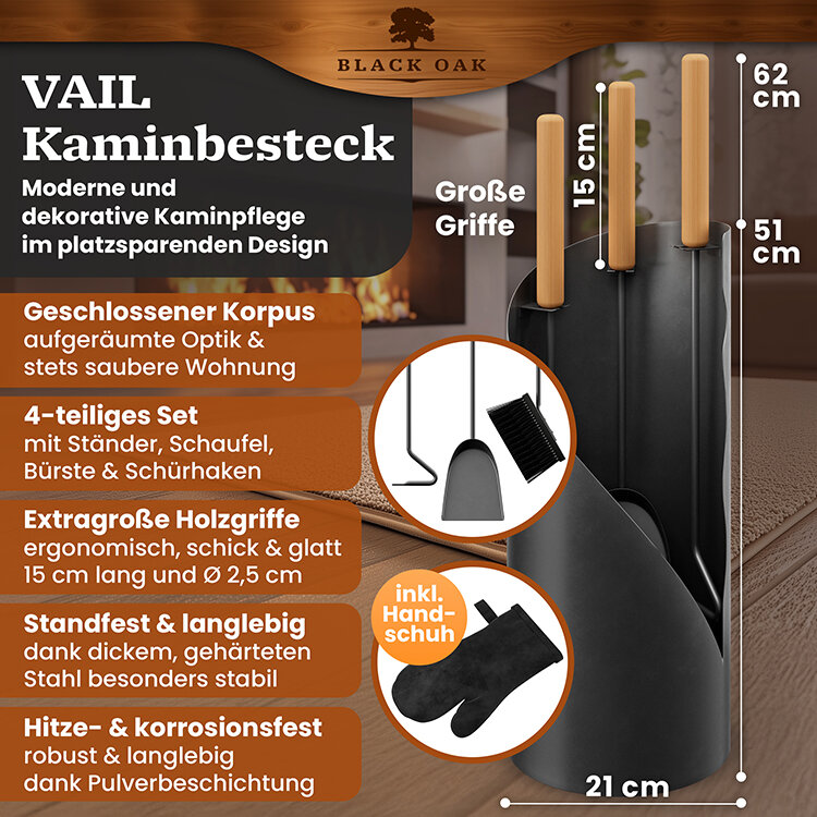 BLACK OAK Kaminbesteck Vail 4-teilig mit Holzgriff inkl. Lederhandschuh von BLACK OAK