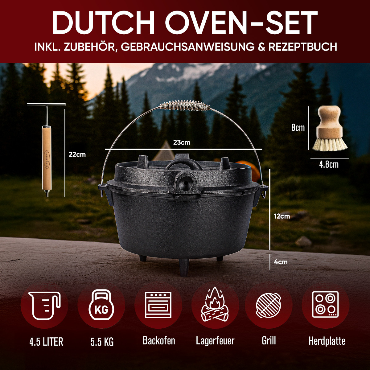 GUSSKÖNIG 4,5 Liter Dutch Oven Set mit Füßen | Eingebrannter Feuertopf | 2in1 Deckelheber | Bürste von GUSSKÖNIG
