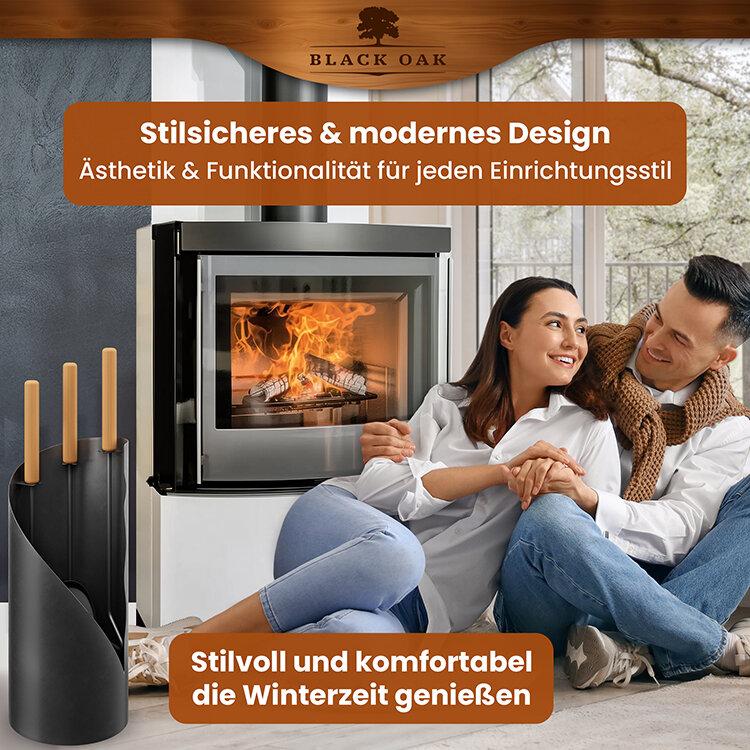 BLACK OAK Kaminbesteck Vail 4-teilig mit Holzgriff inkl. Lederhandschuh von BLACK OAK