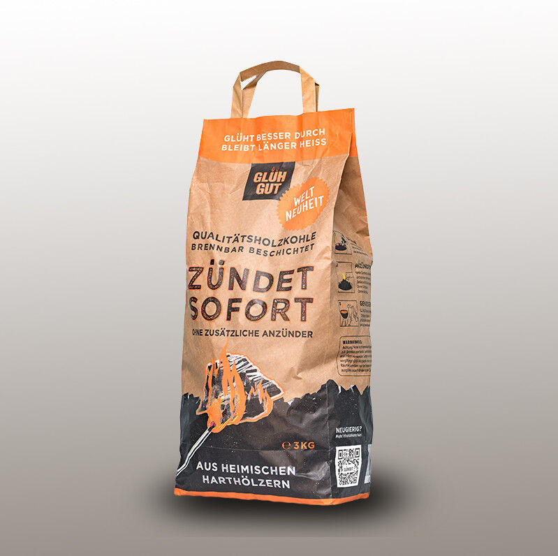 3kg GLÜHGUT | Zündbeschichtete Qualitätsholzkohle | FSC® Zertifiziert | EINFACH - SCHNELL - SICHER von GLÜHGUT