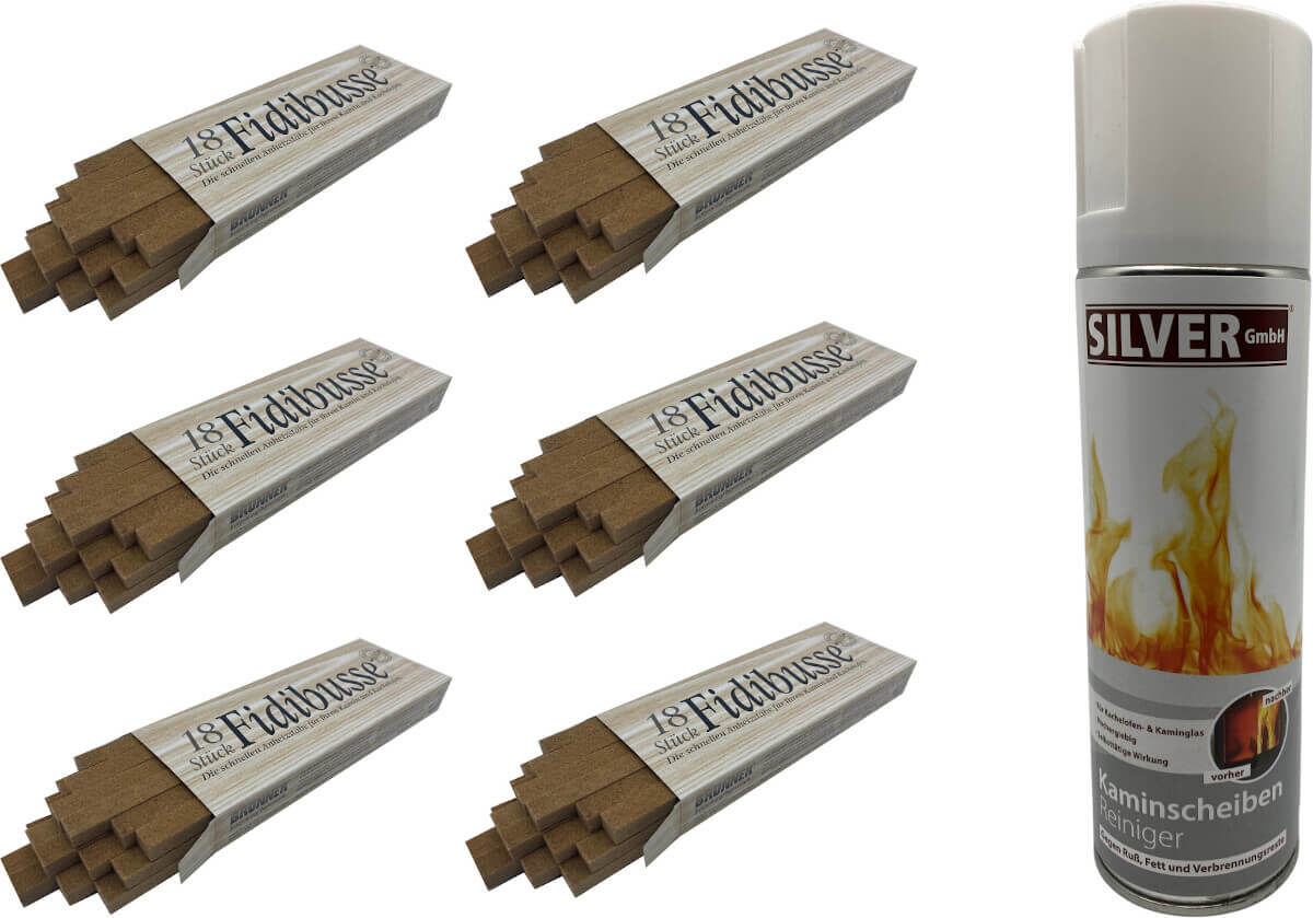 6x Brunner Fidibusse Packung ~ 108 Anzünder + 1x SILVER GmbH Kaminscheiben - Reiniger 300 ml von Brunner