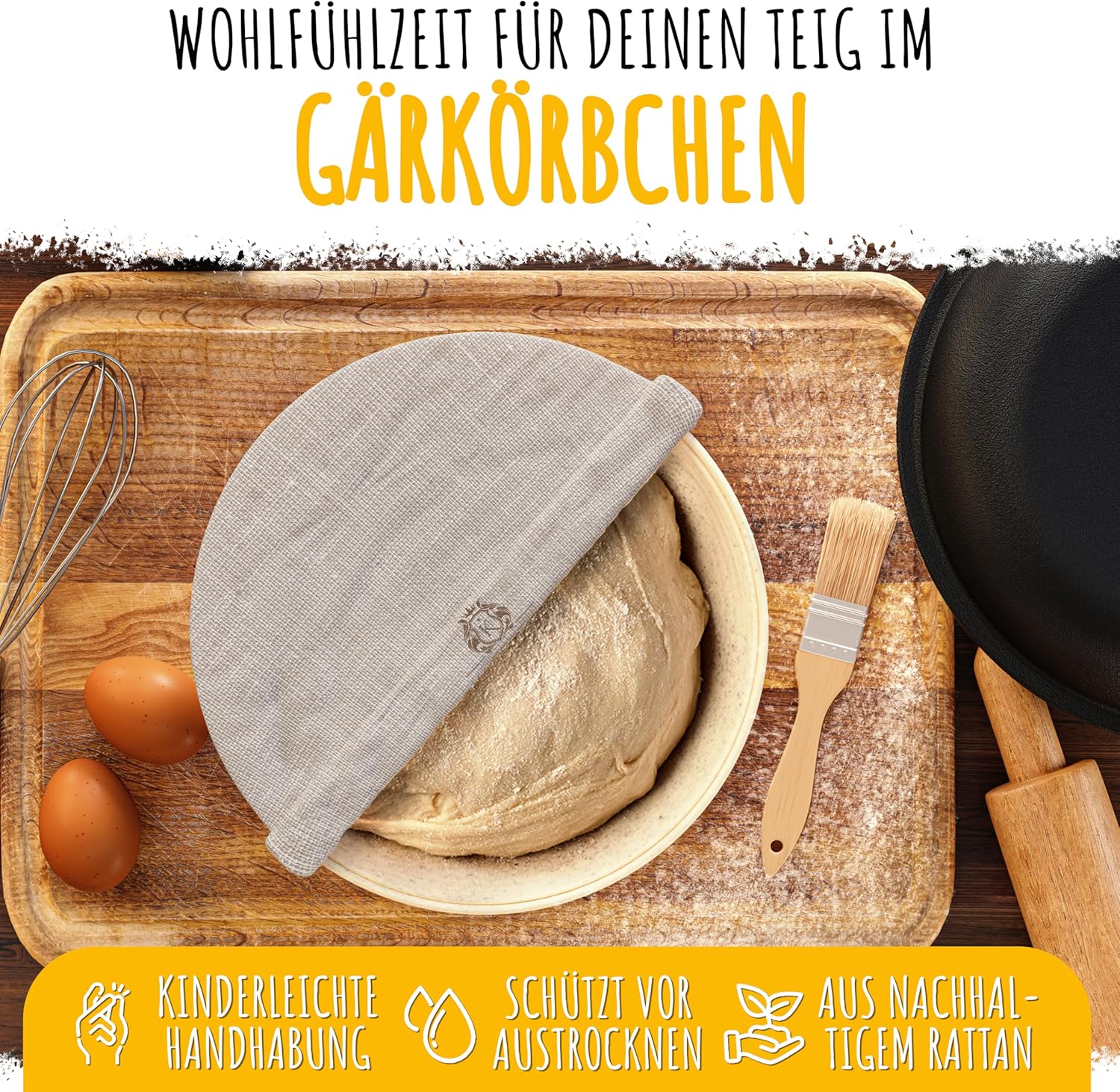 KAISERTAL Emailliert Gusseisen Brotbackform mit Deckel 26cm - inkl. Gärkorb von KAISERTAL
