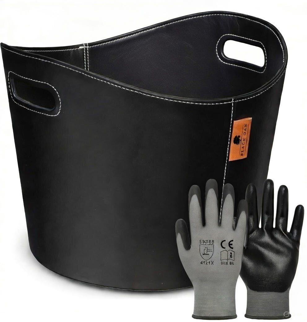 BLACK OAK DAKOTA L 40L Holzkorb Kunstleder schwarz + Handschuhe grau von BLACK OAK