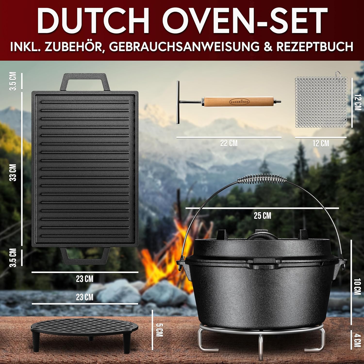 GUSSKÖNIG Dutch Oven Set 13-teilig - bereits eingebranntes Gusseisen Topf Set  von GUSSKÖNIG