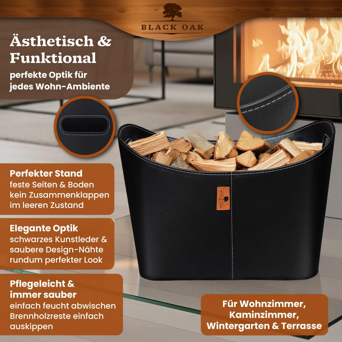 BLACK OAK DAKOTA XL 80L Holzkorb Kunstleder schwarz + Handschuhe grau von BLACK OAK