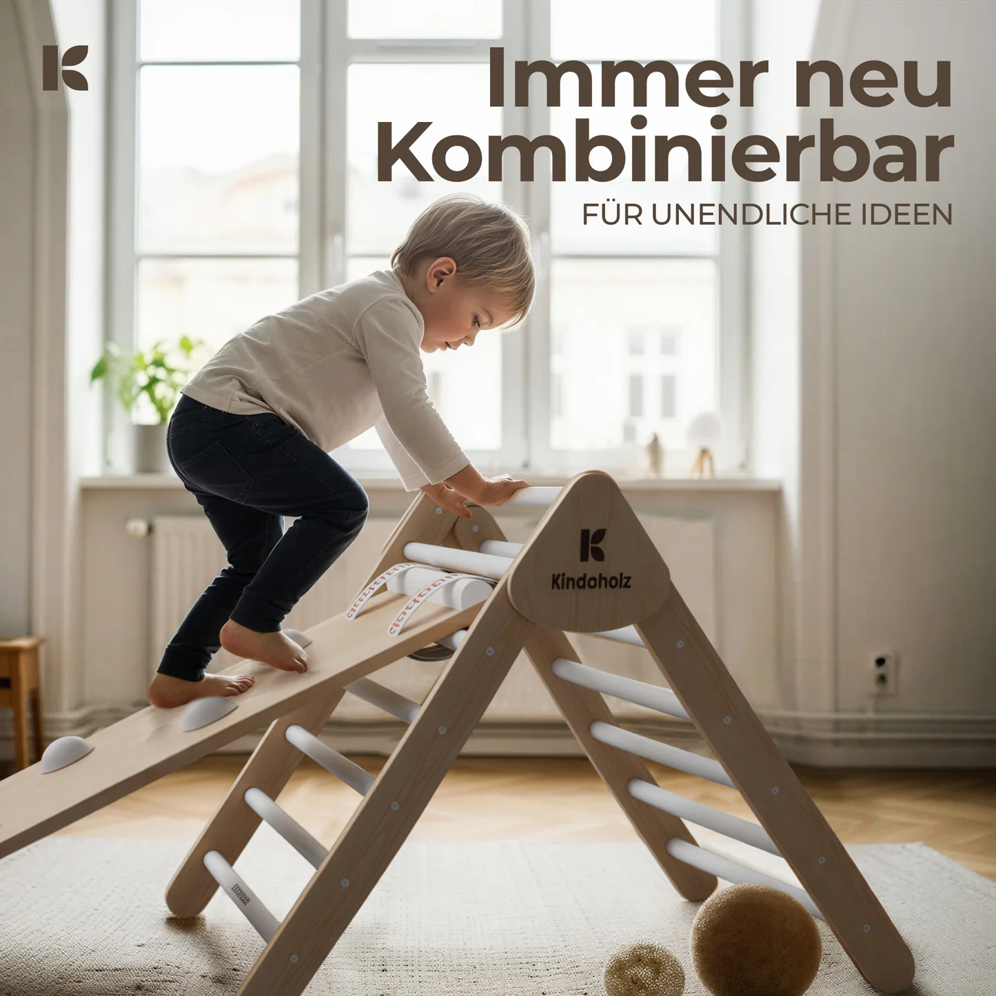 Kindaholz SAMI Kletterdreieck mit NINA Kletterbogen und NOAH Rutschrampe Weiß Indoor Kletterset aus FSC Holz von Kindaholz