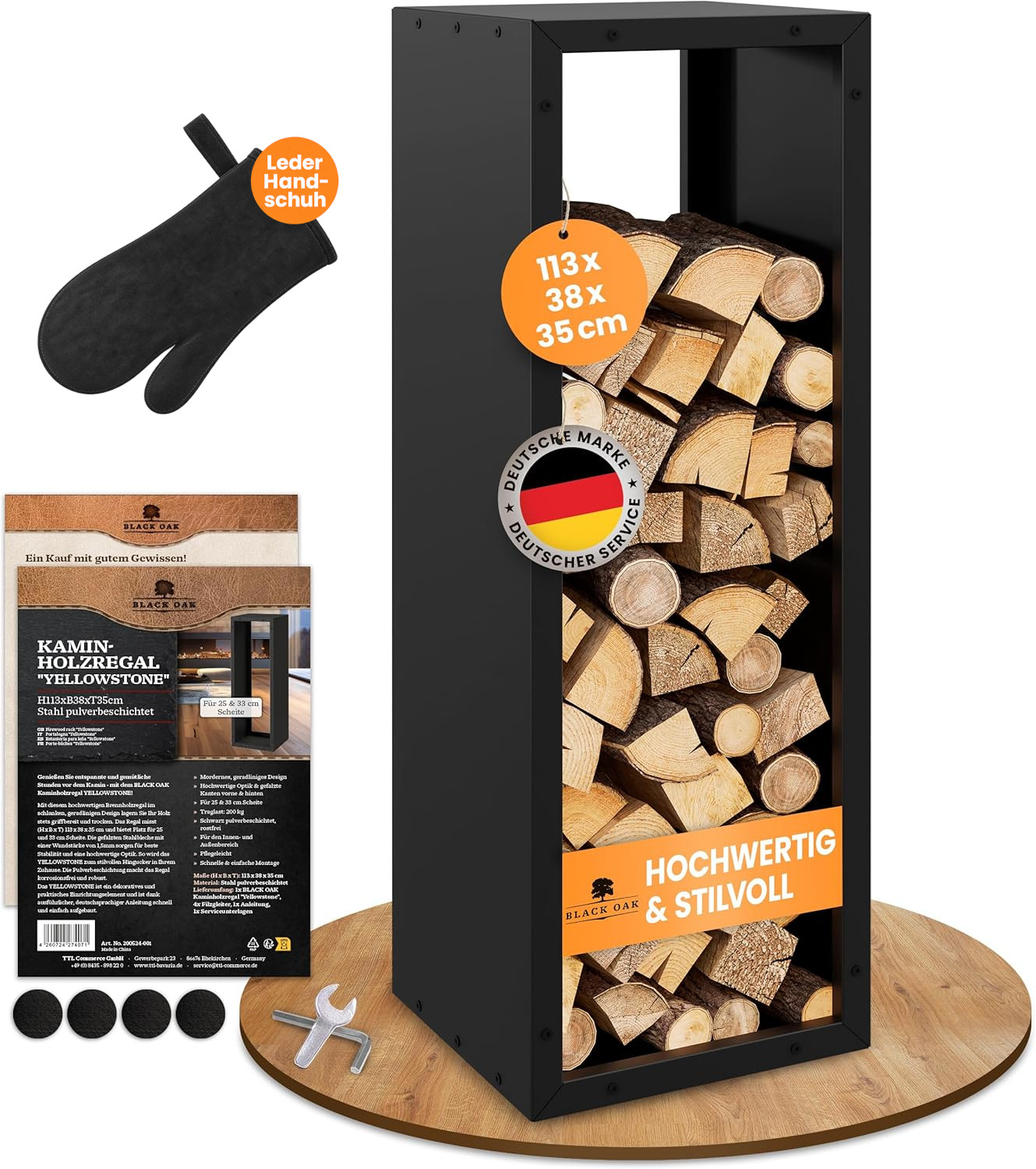 BLACK OAK Kaminholzregal Yellowstone schwarz matt bis 200kg - 113 × 38 × 35 cm inkl. Lederhandschuh von BLACK OAK