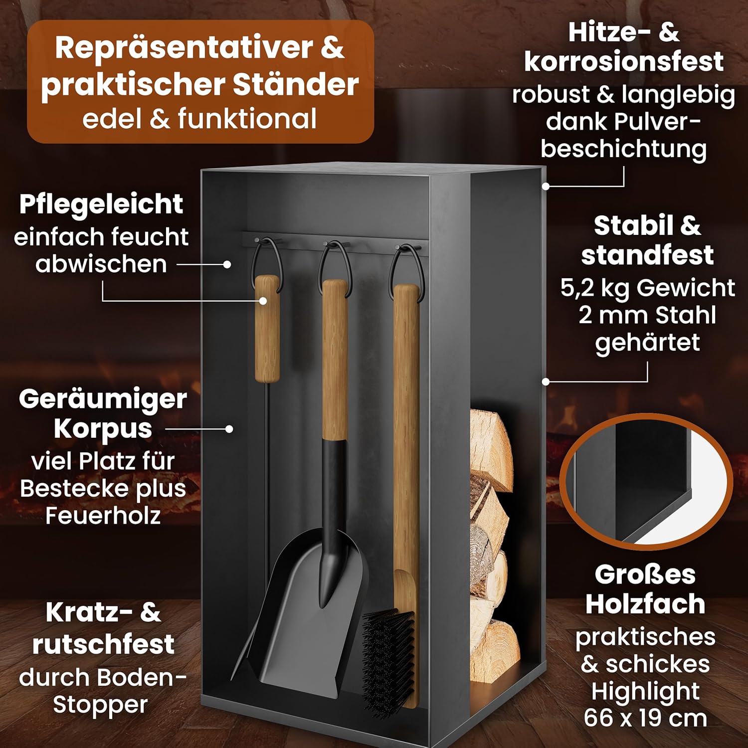BLACK OAK Kaminbesteck Aspen 4-teilig schwarz mit Holzgriffen von BLACK OAK