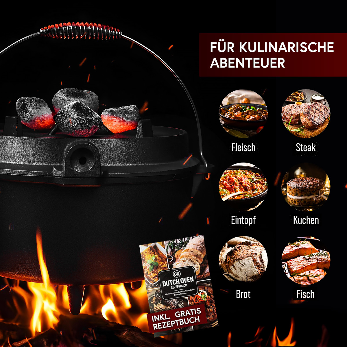 GUSSKÖNIG 12 Liter Dutch Oven Set mit Füßen mit 2in1 Deckelheber von GUSSKÖNIG