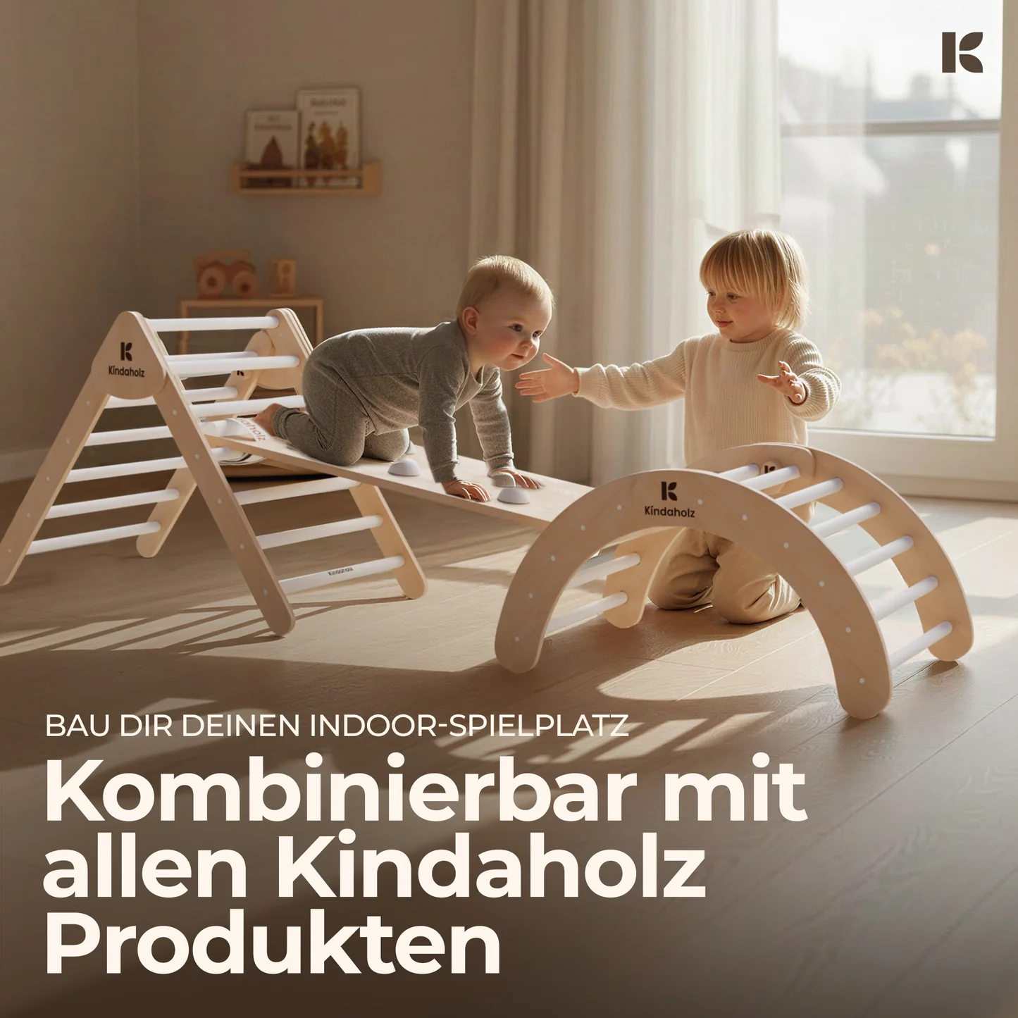 Kindaholz NINA Kletterbogen mit NOAH Rutschrampe Weiß Indoor Kletterset aus FSC Holz von Kindaholz