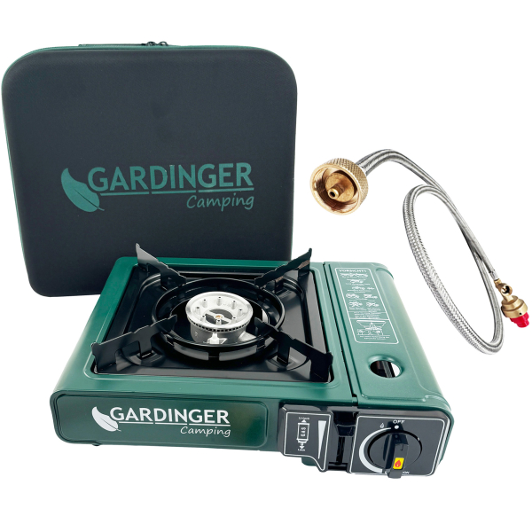 GARDINGER Camp Allgas Gaskocher mit Adapterschlauch, Piezozündung und Transportkoffer von HUW24