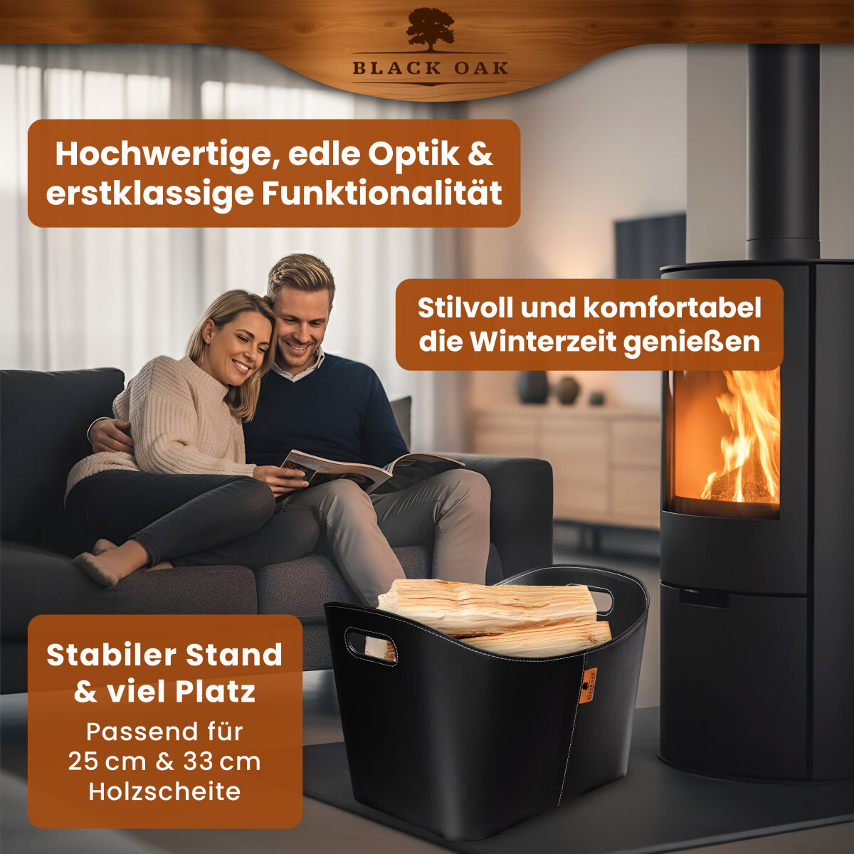BLACK OAK DAKOTA XL 80L Holzkorb Kunstleder schwarz + Handschuhe grau von BLACK OAK