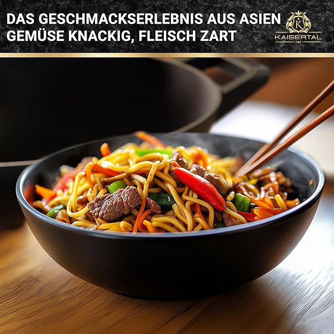 KAISERTAL Gusseisen Wok 33 cm Eingebrannt - mit Glasdeckel von KAISERTAL