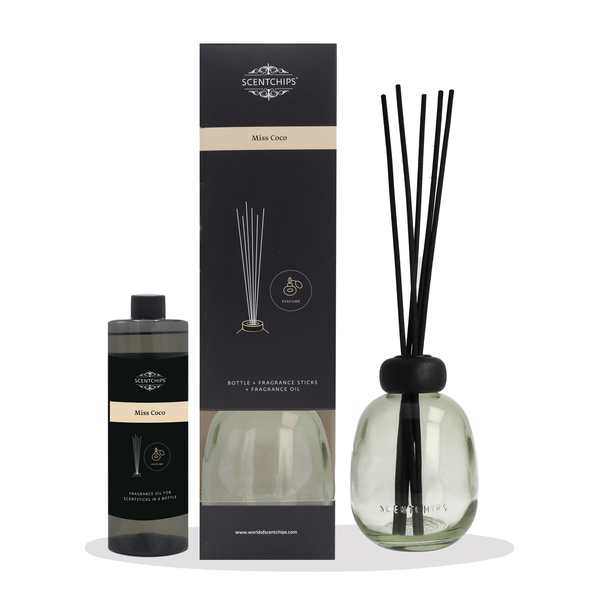 Scentchips® Geschenkset Duftstäbchen Miss Coco mit grüner Flasche von Scentchips®