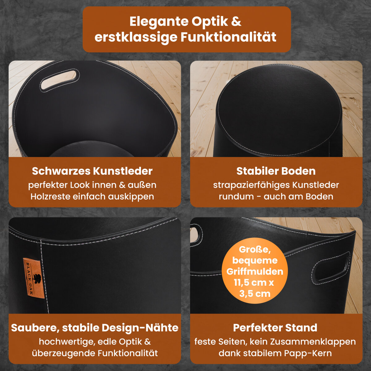 BLACK OAK DAKOTA L 40L Holzkorb Kunstleder schwarz + Handschuhe grau von BLACK OAK