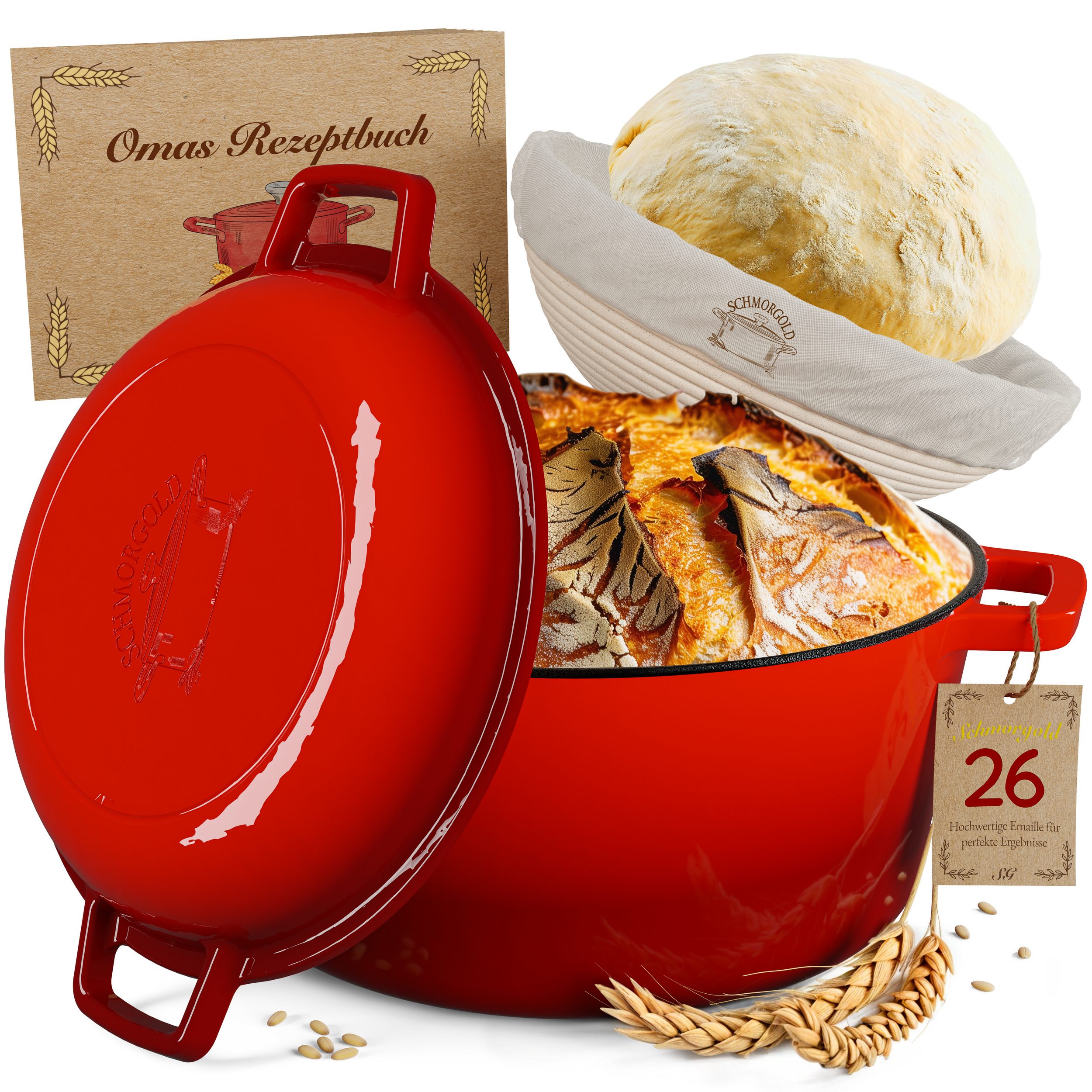 SCHMORGOLD Brotbacktopf & Schmortopf aus emailliertem Gusseisen & Gärkorb - 26 cm grifflos von SCHMORGOLD