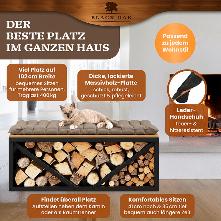 BLACK OAK Kaminholzbank Ohio schwarz matt bis 400kg - 102 × 41 × 35 cm inkl. Lederhandschuh von BLACK OAK