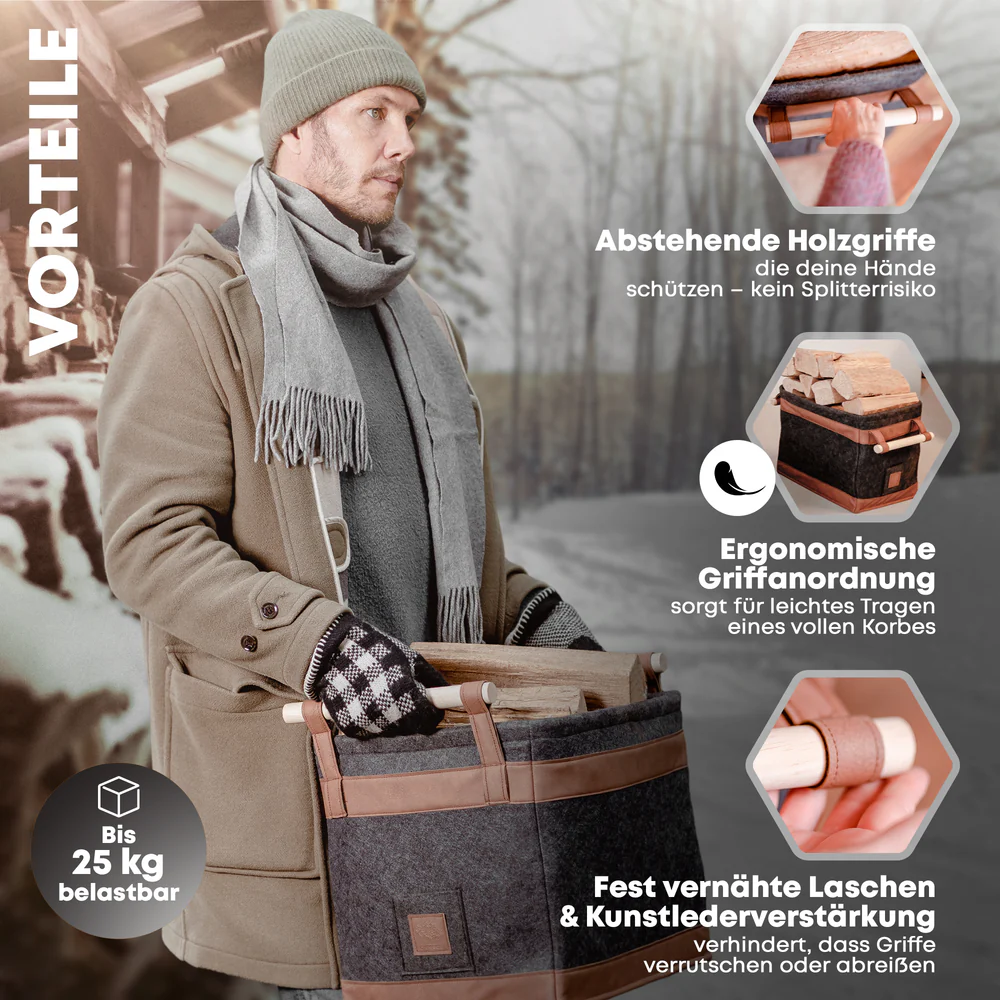 OAKAGE FireMaster Holzkorb Dunkelgrau Filz / Veganes Leder - 42x32x35cm von OAKAGE
