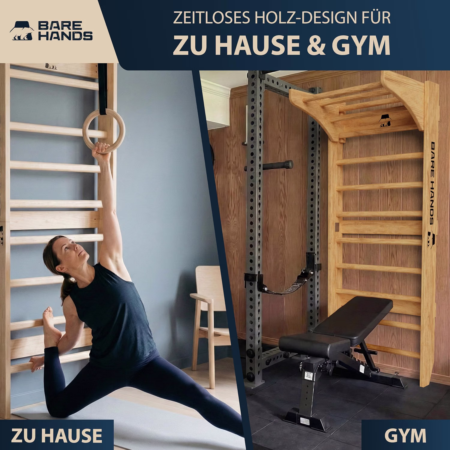 BARE HANDS 3in1 Sprossenwand aus Holz mit Klimmzugstange & Dipstange | Home Gym für Erwachsene & Kinder | bis 200 kg von BARE HANDS