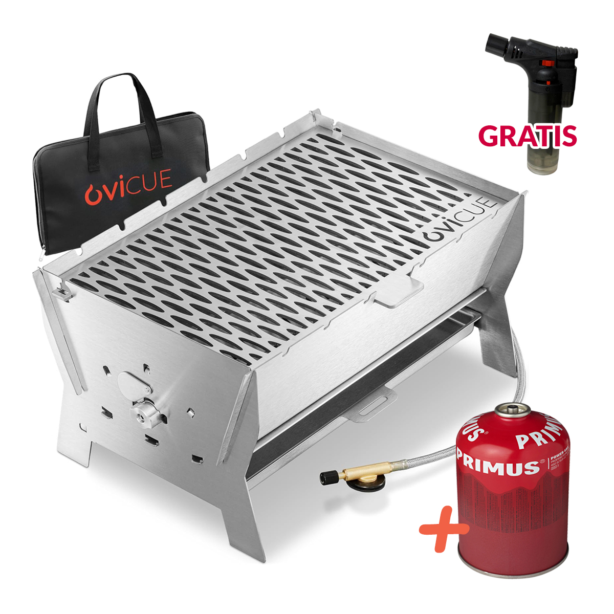 Ovicue L Kompaktgrill Set mit PRIMUS Power Gas 450 g Mobiler 2 in 1 Grill für Gas und Holzkohle von Ovibell