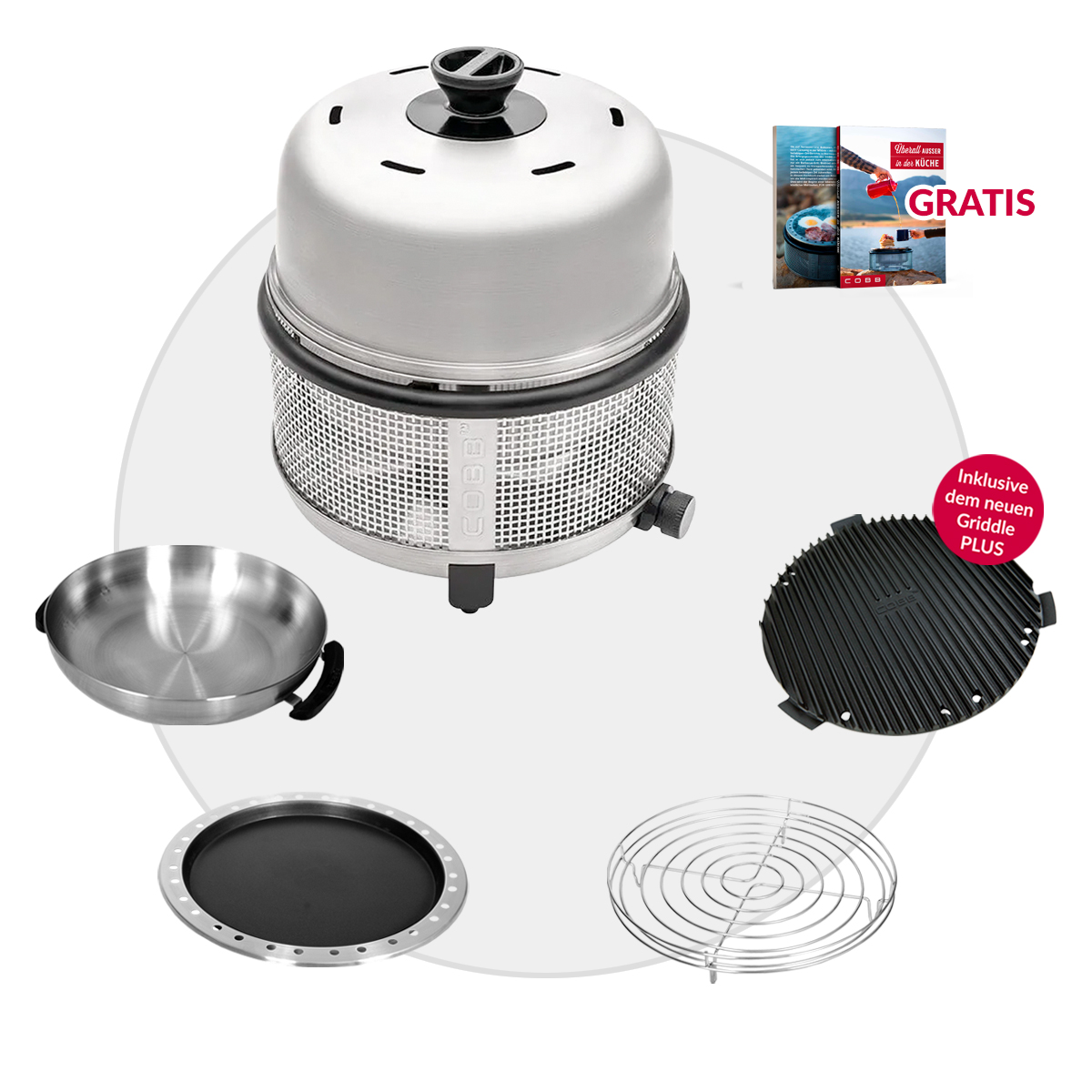 COBB 30 mbar Premier+ Gas DELUXE Camping Gasgrill 5-teiliges Set für Außensteckdose von Cobb
