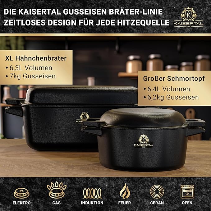 KAISERTAL Gusseisen Topf - 2-in-1 Schmortopf 26 cm mit Deckel 6,4 Liter - Eingebrannt von KAISERTAL