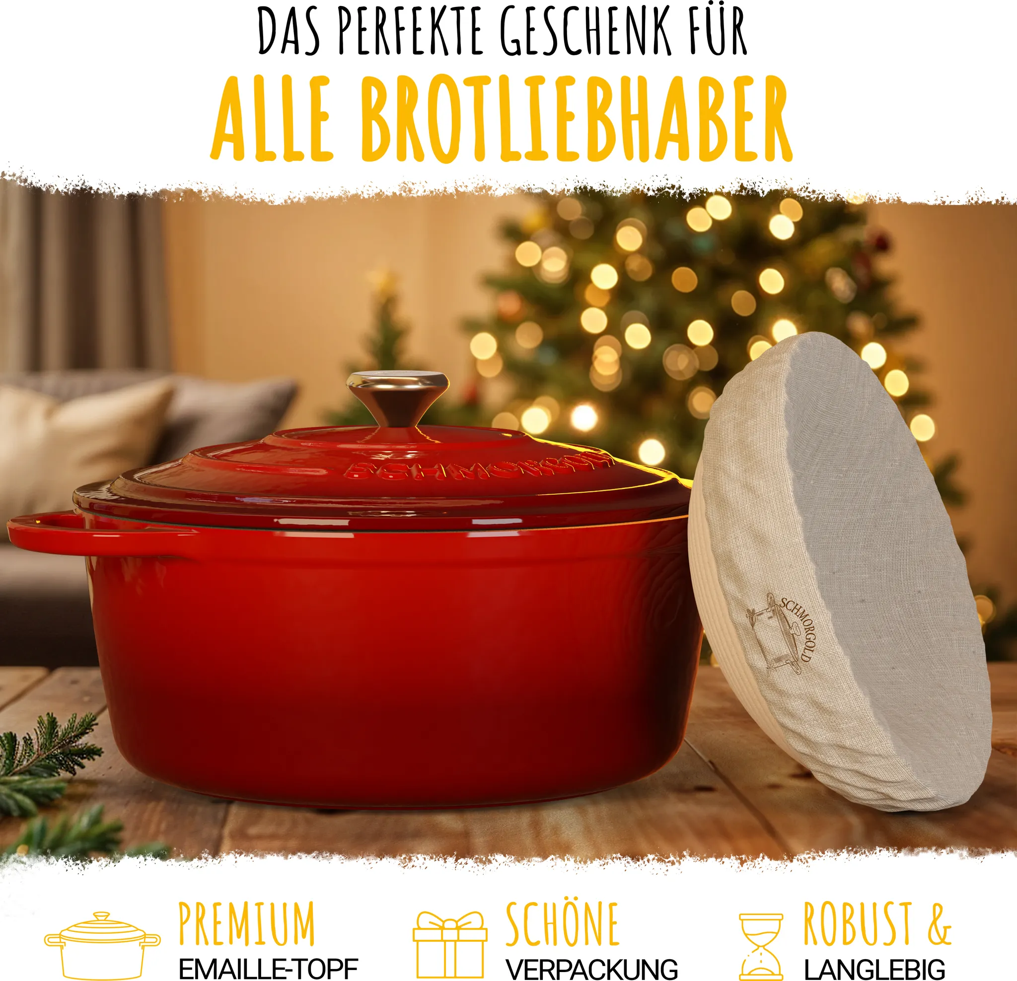 SCHMORGOLD Brotbacktopf & Schmortopf aus emailliertem Gusseisen & Gärkorb - 26 cm von SCHMORGOLD
