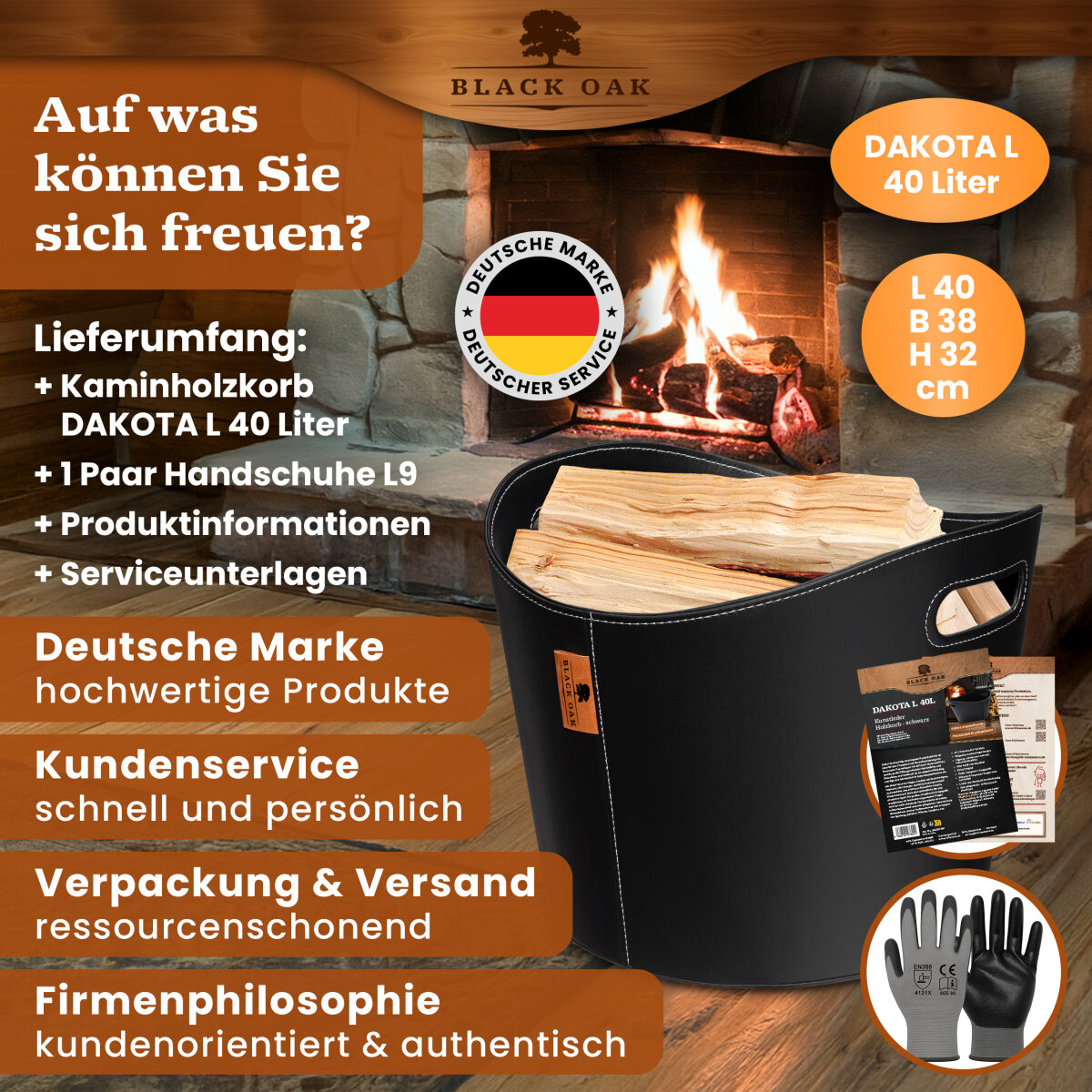 BLACK OAK DAKOTA L 40L Holzkorb Kunstleder schwarz + Handschuhe grau von BLACK OAK