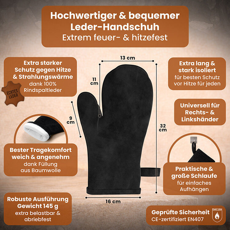 BLACK OAK Kaminbesteck Vail 4-teilig mit Holzgriff inkl. Lederhandschuh von BLACK OAK