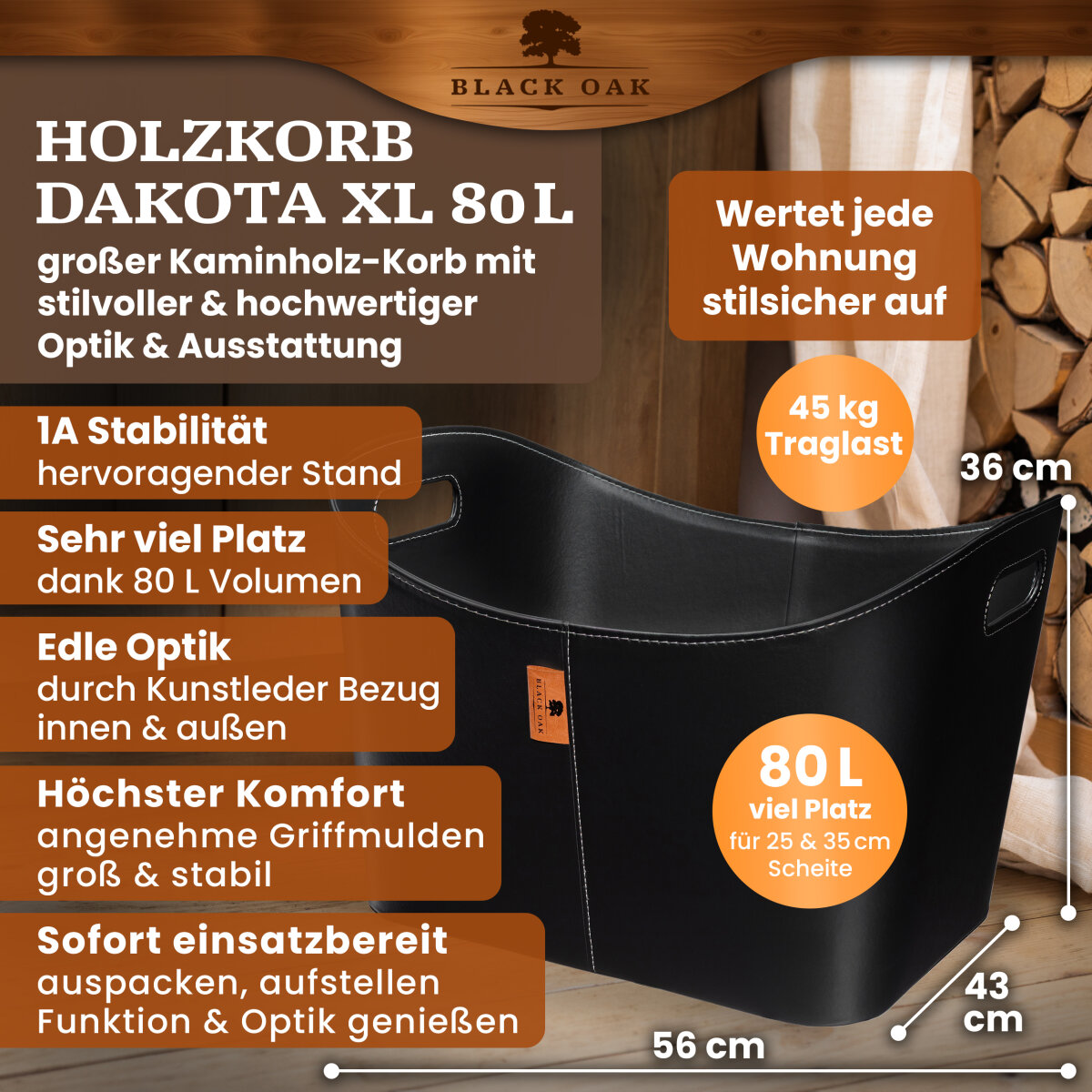 BLACK OAK DAKOTA XL 80L Holzkorb Kunstleder schwarz + Handschuhe grau von BLACK OAK