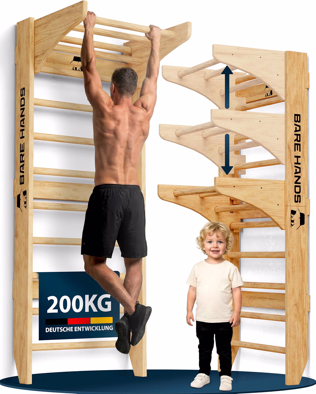 BARE HANDS 3in1 Sprossenwand aus Holz mit Klimmzugstange & Dipstange | Home Gym für Erwachsene & Kinder | bis 200 kg von BARE HANDS