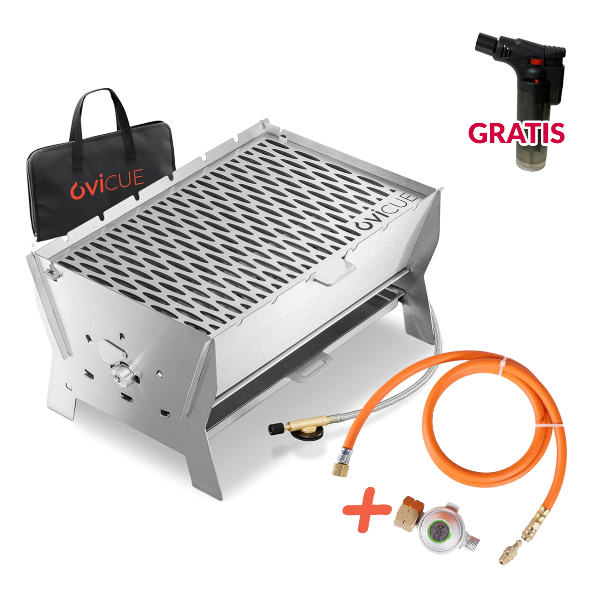 Ovicue L Kompaktgrill 3,5 kW Leistung & 1,3 m Adapter-Set für 5 kg oder 11 kg Gasflasche - flexibles Grillvergnügen mit Standardgas von Ovibell