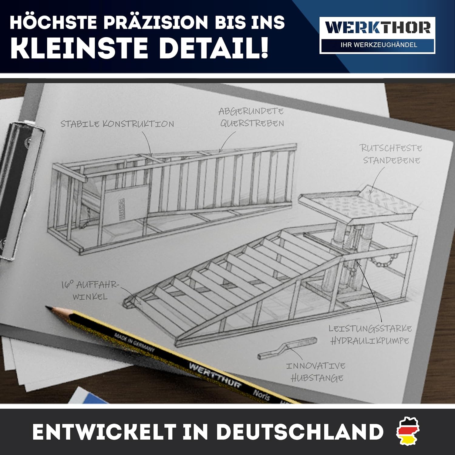 WERKTHOR Hydraulische Auffahrrampe PKW - 2er Set in Schwarz von WERKTHOR
