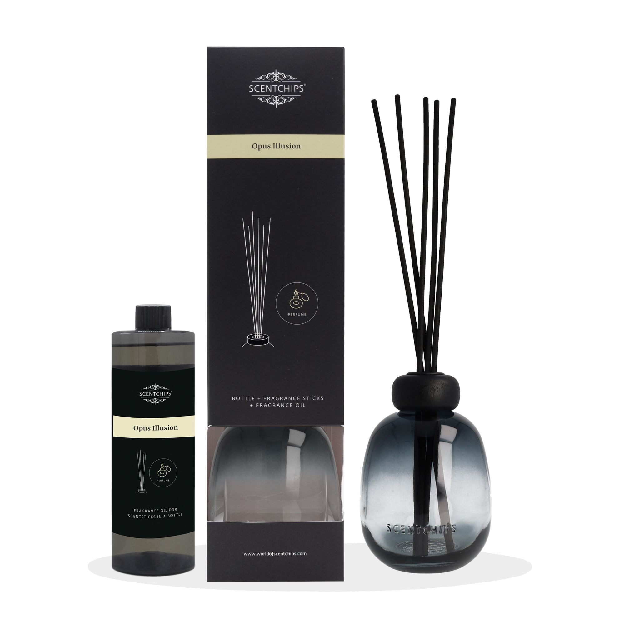 Scentchips® Geschenkset Duftstäbchen Opus Illusion mit Gradient grey Flasche von Scentchips®