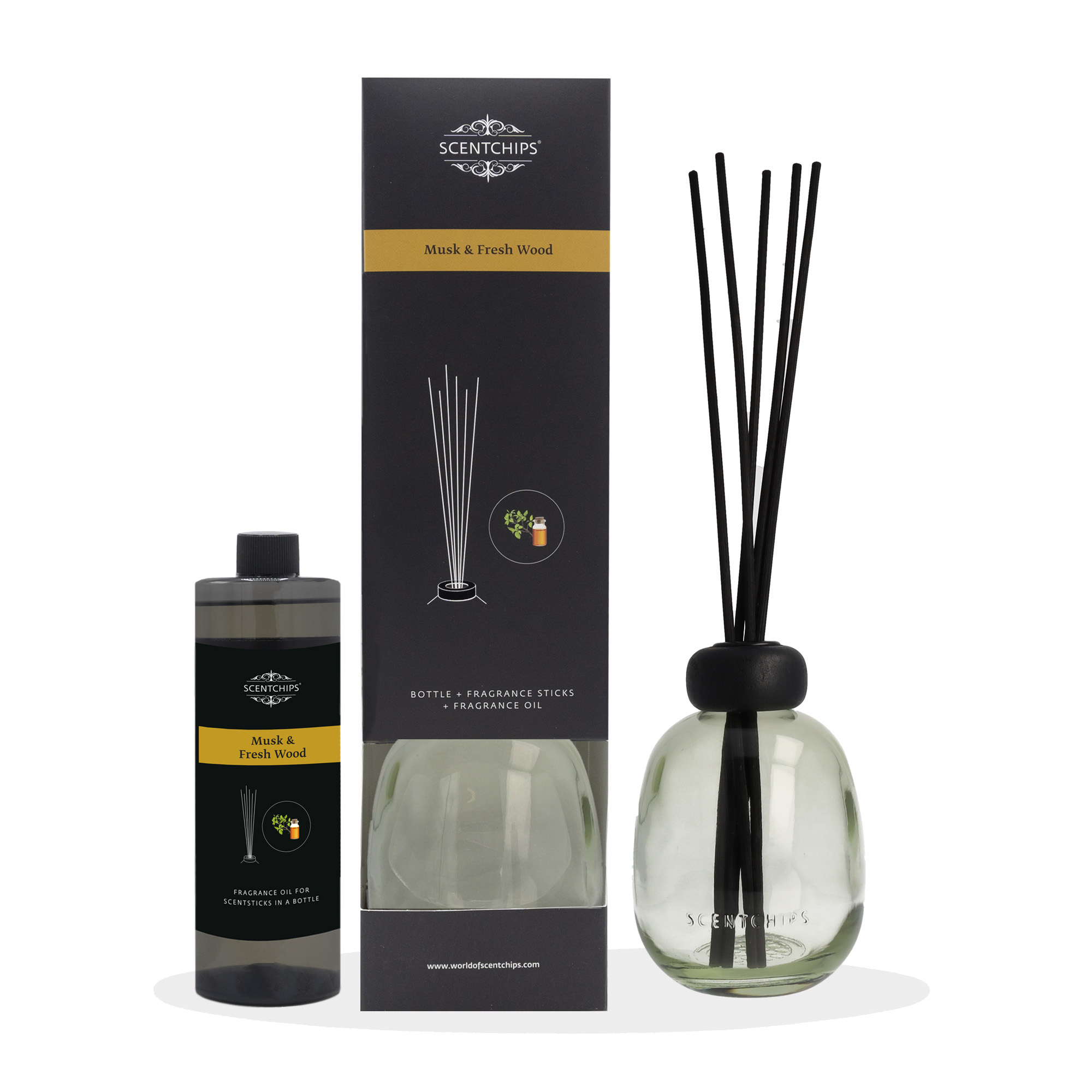 Scentchips® Geschenkset Duftstäbchen Moschus & Frisches Holz mit grüner Flasche von Scentchips®