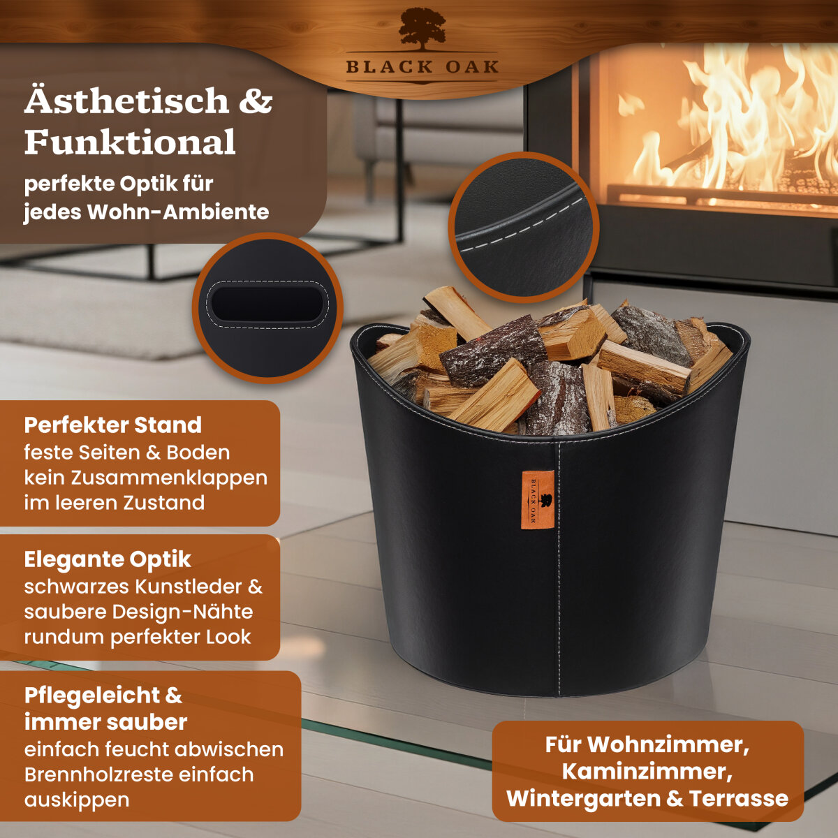 BLACK OAK DAKOTA L 40L Holzkorb Kunstleder schwarz + Handschuhe grau von BLACK OAK