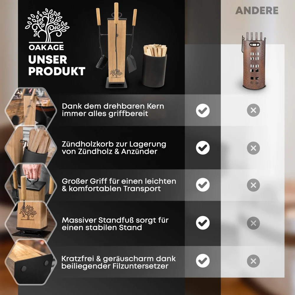 OAKAGE Kaminbesteck WillowWrap - Hochwertiges 5-teiliges Set aus Eiche & Stahl von OAKAGE