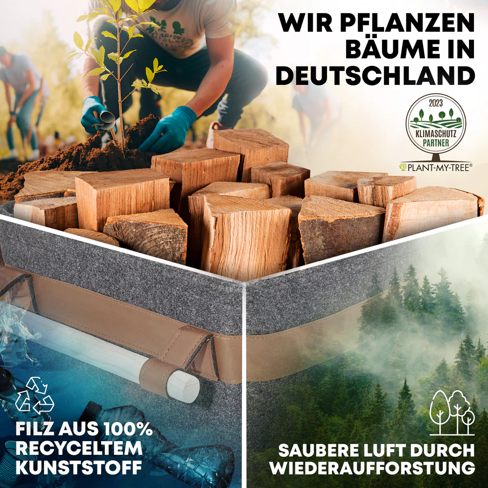 OAKAGE FireMaster Duo Holzkorb Dunkelgrau Filz / Veganes Leder - Einhängbarer Zündholzkorb - 42x32x35cm von OAKAGE
